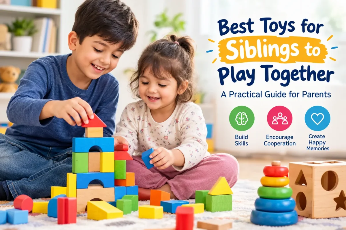Two siblings playing together with colorful building blocks and educational toys