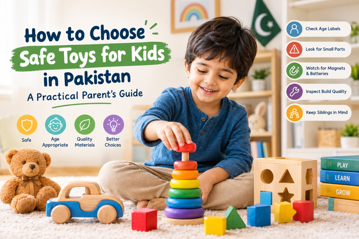 A child playing with colorful educational toys while parents learn about toy safety, age labels, small parts, magnets, batteries, and toy quality in Pakistan.