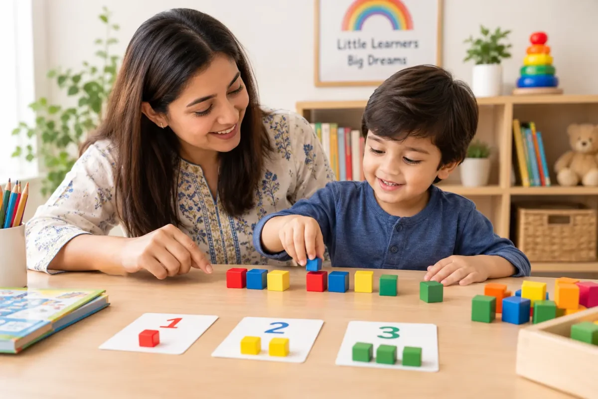 Parent and preschooler counting colourful building blocks at home