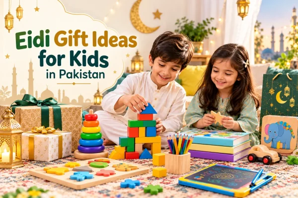 Eidi gift ideas for kids in Pakistan featuring educational toys, wooden puzzles, and creative activities