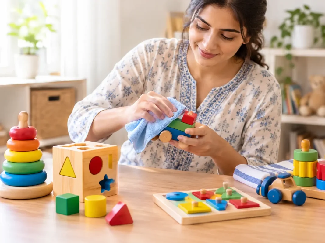Parent cleaning wooden educational toys with a soft cloth