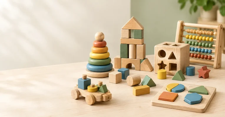 Wooden educational toys for kids, including colourful blocks, puzzles and counting toys